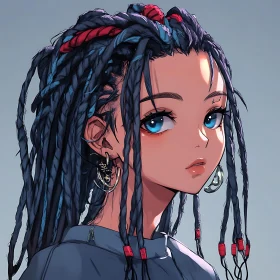 Anime Girl with Blue Eyes and Red Accented Dreadlocks