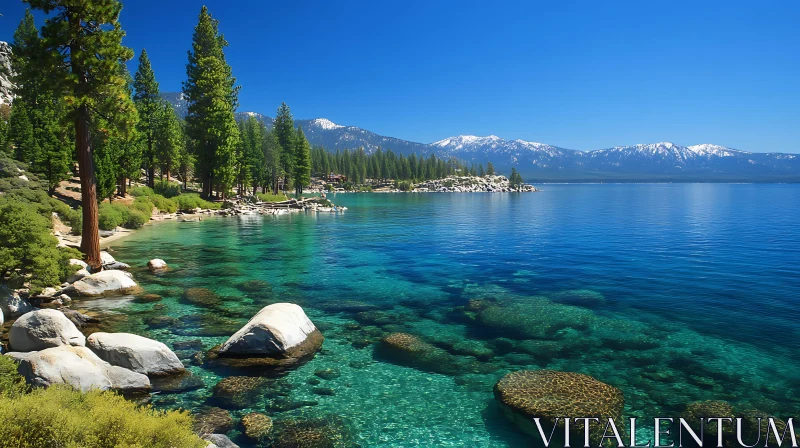 Serene Lake with Clear Waters and Mountain Views AI Image