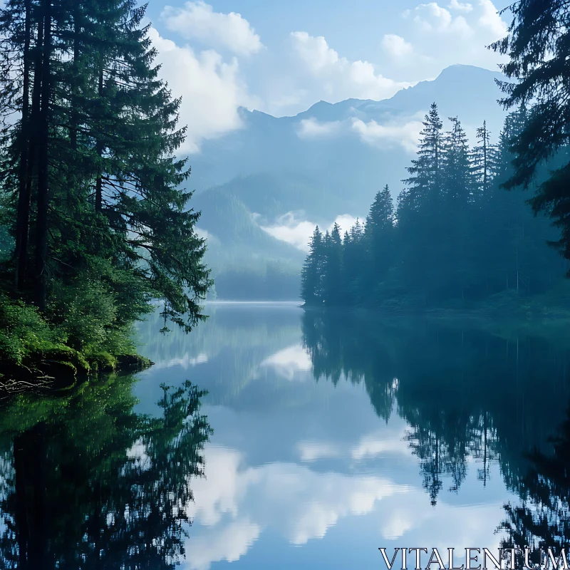 AI ART Tranquil Lake Reflecting Pine Trees and Mountains