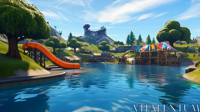 Serene Lake with Waterslide and Colorful Rooftop Buildings AI Image