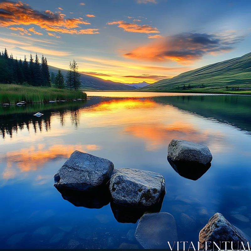 Peaceful Sunset Lake Scene with Rock Reflections AI Image