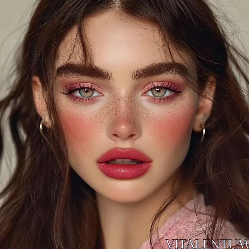 Beautiful Lady with Green Eyes and Pink Makeup AI Image