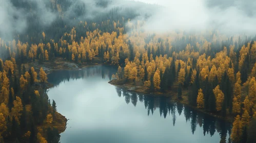 Tranquil Misty Forest with Reflective Lake in Autumn