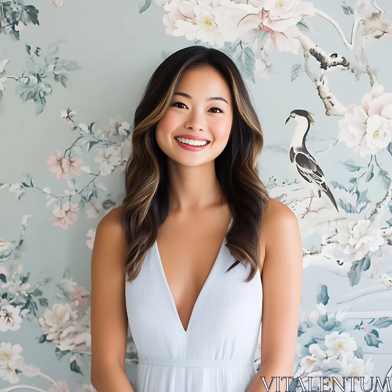 Smiling Woman with Floral Background AI Image