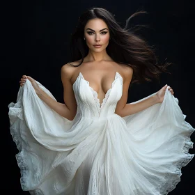 Graceful Woman in White Dress Studio Shot