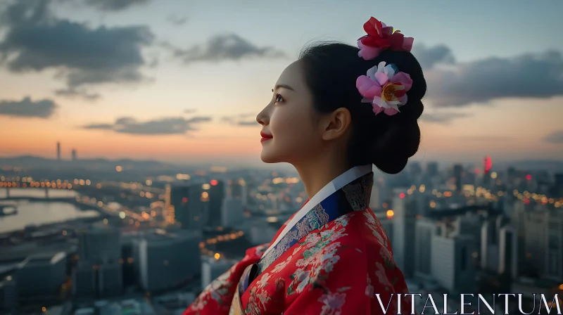 Serene Portrait Against Sunset Cityscape AI Image