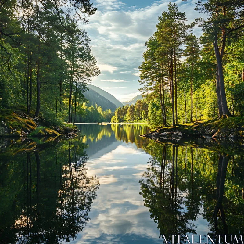 Peaceful Forest Lake with Mountain Reflections AI Image