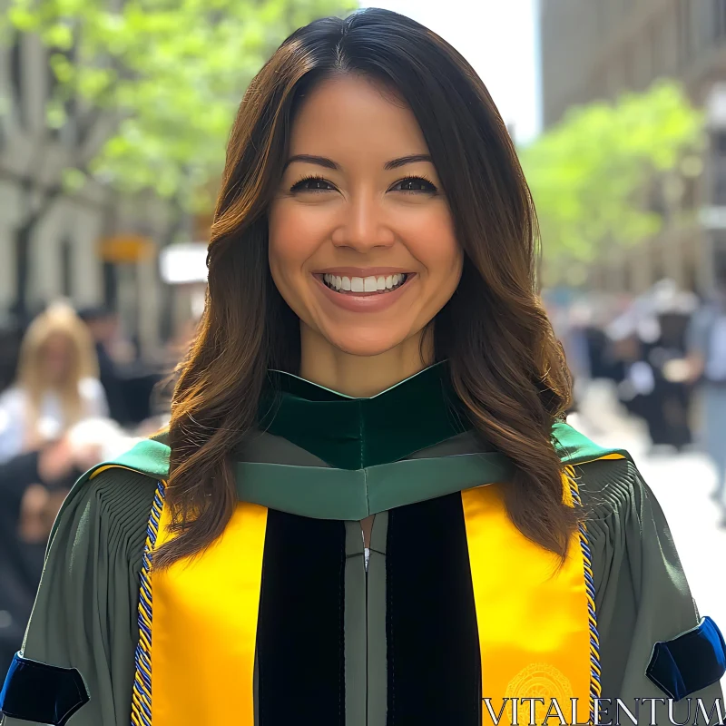 Happy Graduate in Colorful Academic Attire AI Image