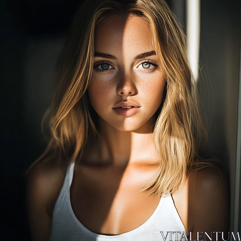 Sunlit Freckled Woman Portrait AI Image