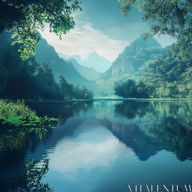 Peaceful Mountainous Landscape with Reflective Lake AI Image