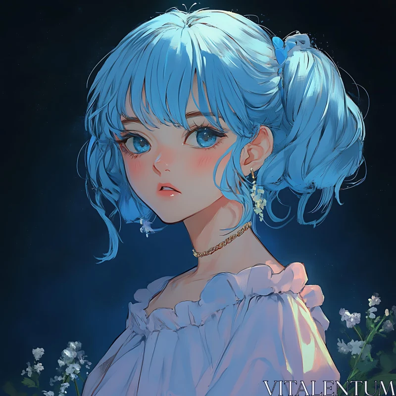 Blue-Haired Anime Girl with Floral Accessory AI Image