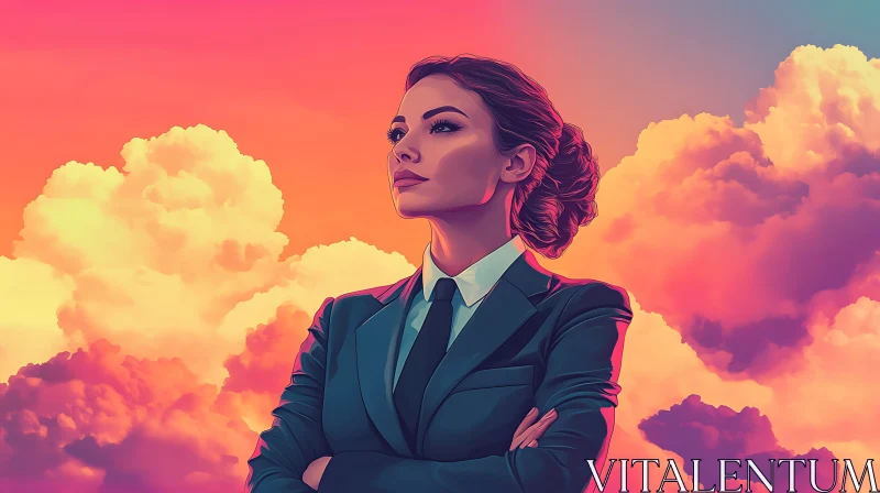 Empowered Woman in Business Attire Against Colorful Sky AI Image