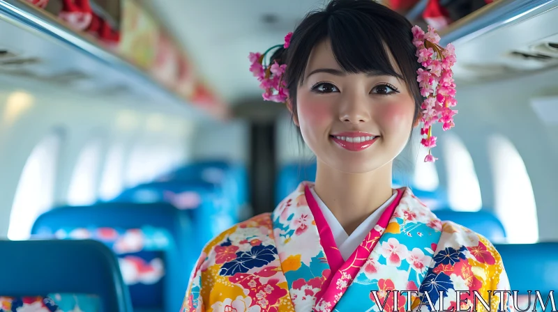 Smiling Woman in Kimono on Airplane AI Image