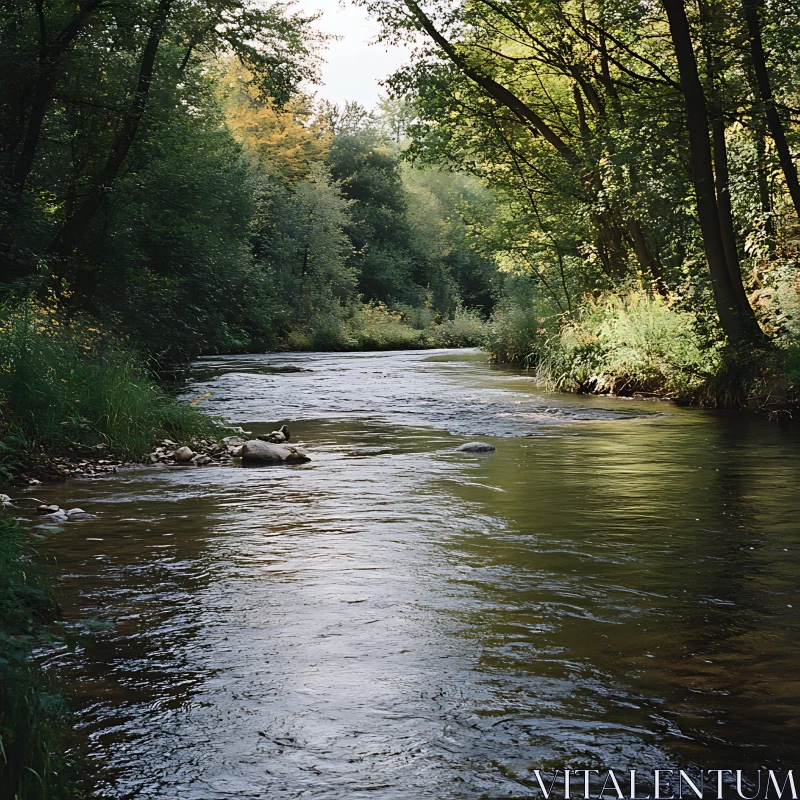 Tranquil River in a Green Forest with Sunlight Reflections AI Image