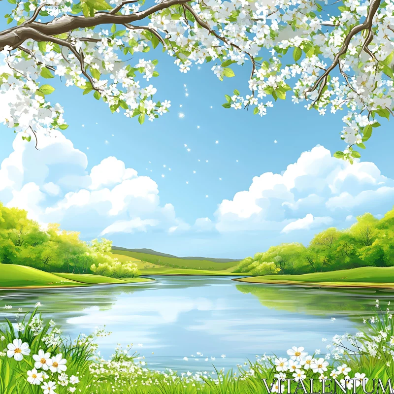 Blossoms and Blossoming Trees Reflecting in Serene Lake AI Image