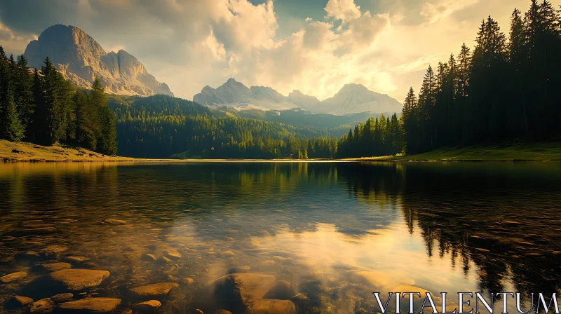 Tranquil Sunset over Reflective Mountain Lake AI Image