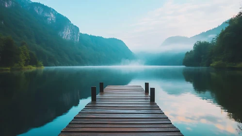 Serene Lakeside View with Wooden Dock and Mist