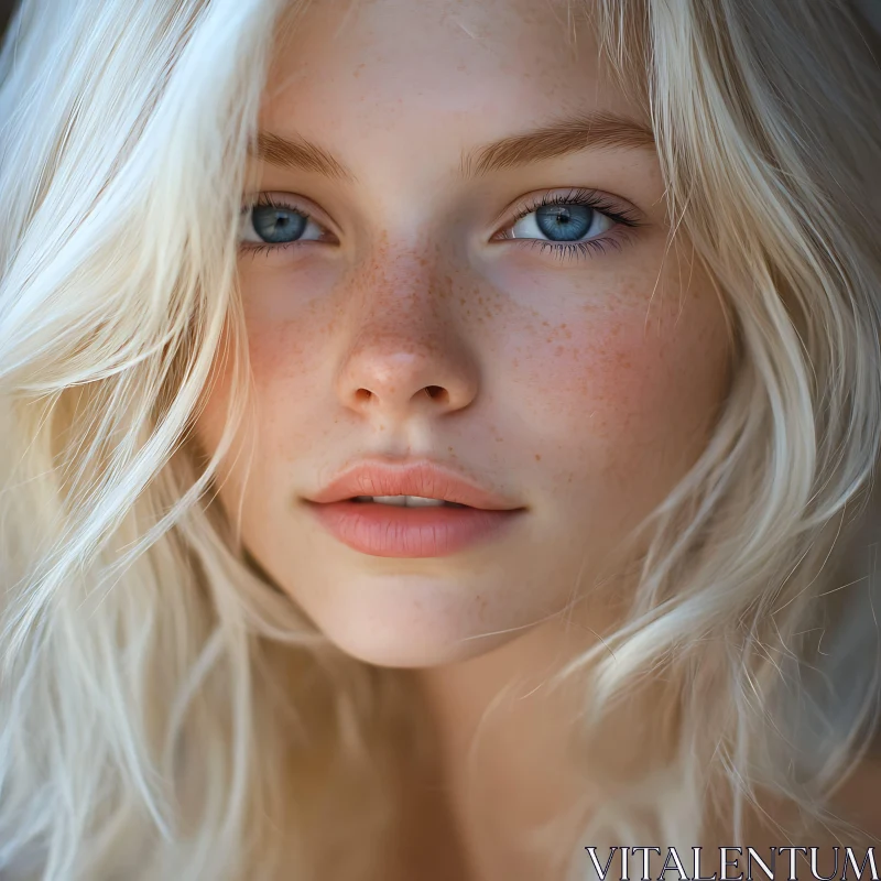 Portrait of a Freckled Blonde Woman with Striking Blue Eyes AI Image