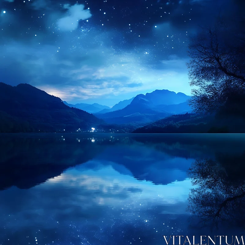 Starry Night Over a Peaceful Mountain Lake AI Image