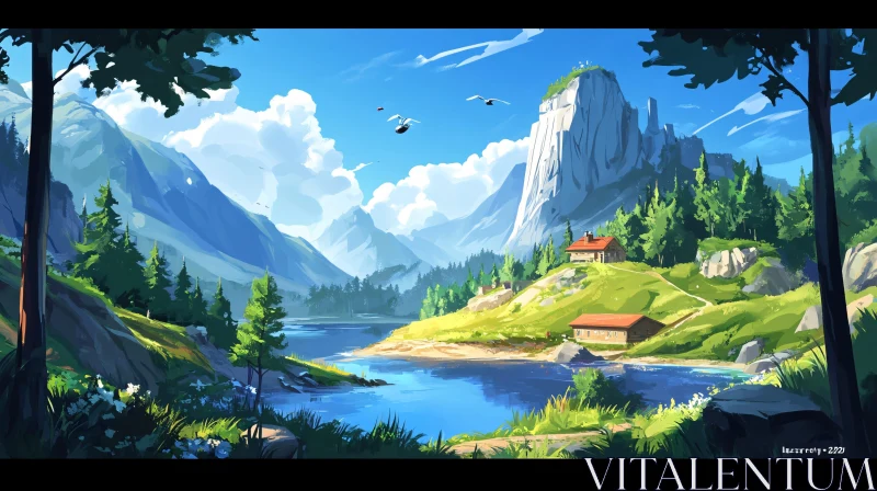 Tranquil Scenic View of Mountains, Lake, and Cabins AI Image