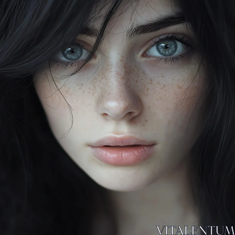 Freckled Woman with Blue Eyes Portrait AI Image