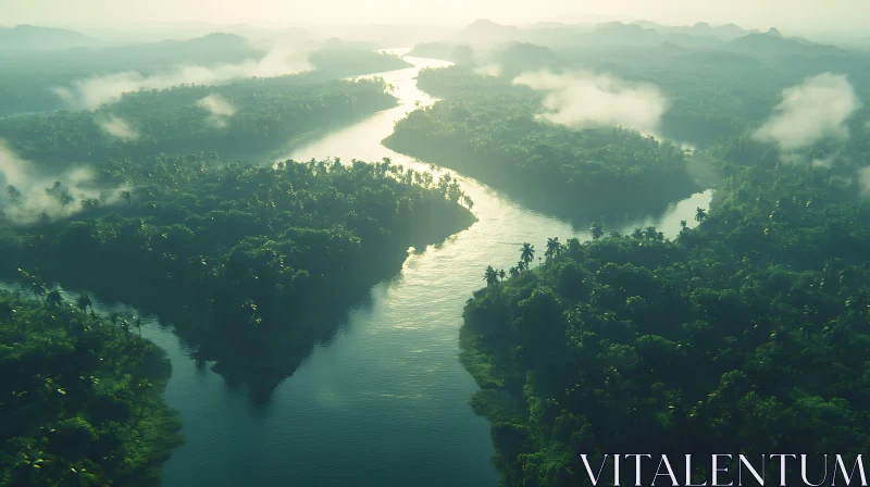 Tranquil Foggy River Landscape AI Image