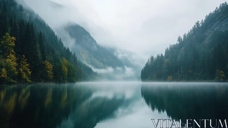 Serene Lake with Forest and Misty Mountains Reflection AI Image