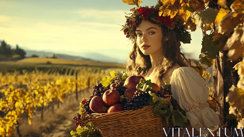 Woman in Autumn Vineyard with Fruit Basket AI Image