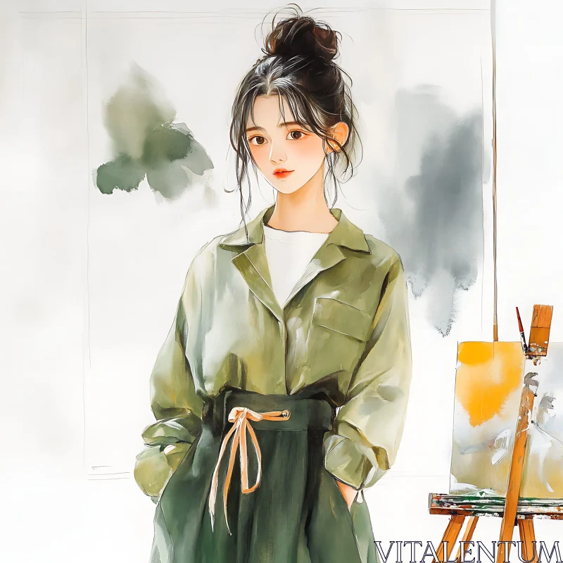 Young Woman in Artist Studio Wearing Green Outfit AI Image