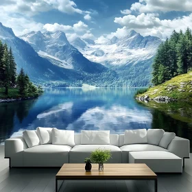 Living Room with Scenic Mountain and Lake View