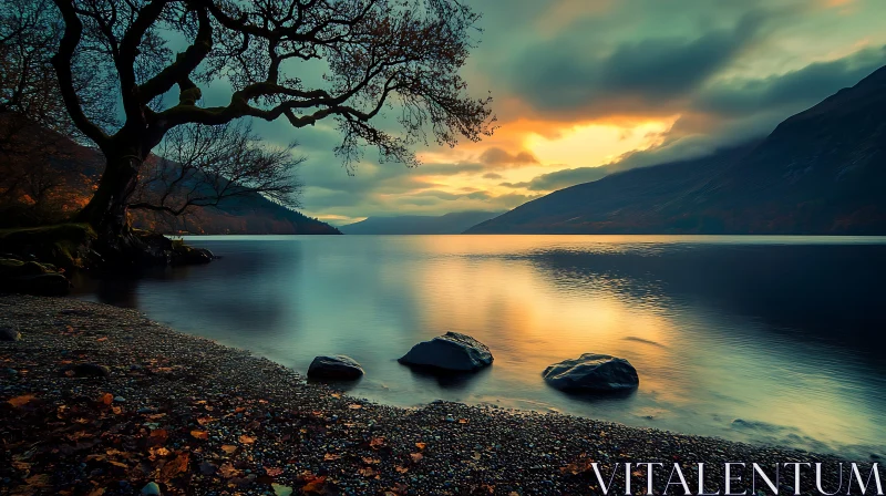 Peaceful Lakeside Sunset Vista AI Image