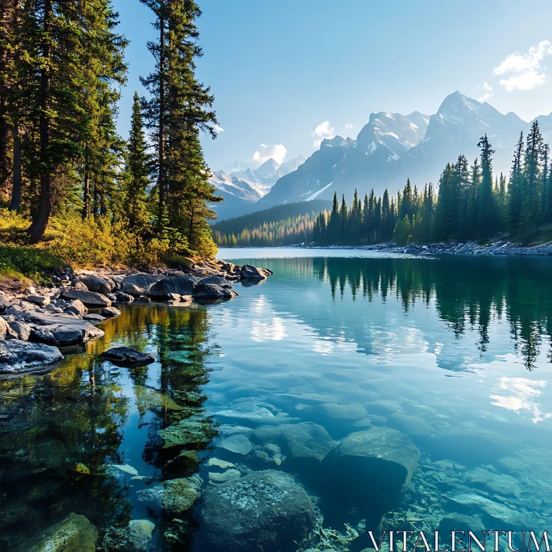 Peaceful Lake Amidst Mountains and Forest AI Image