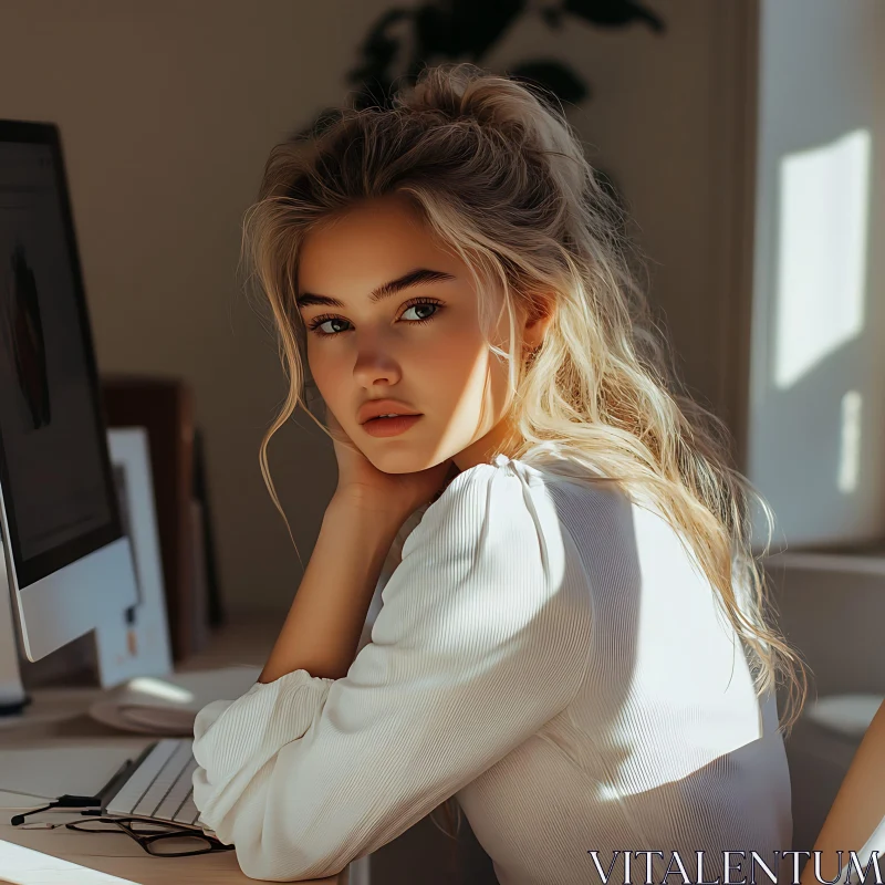 AI ART Blonde Woman in Natural Sunlight at Desk