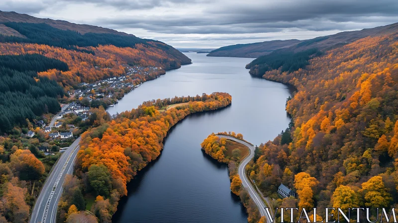 Serene Lakeside Village in Autumn AI Image