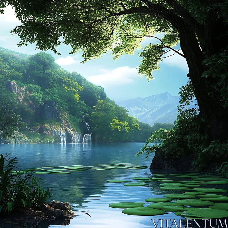 Peaceful Forest Lake with Waterfall AI Image