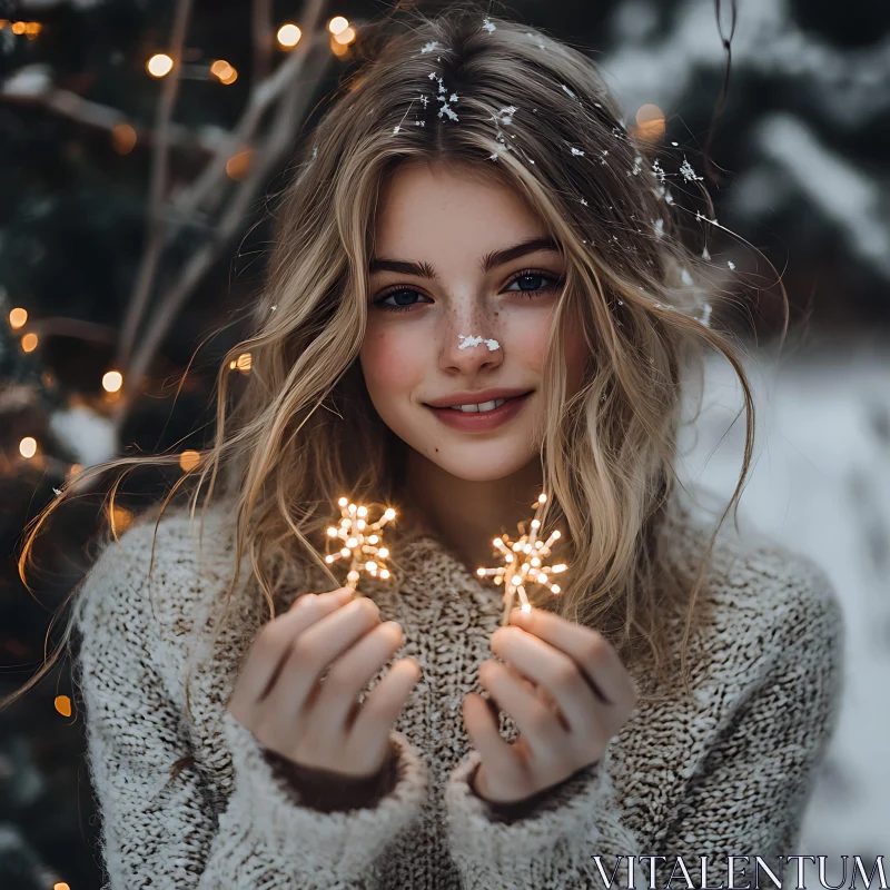 Serene Girl Holding Snowflake Lights in Winter AI Image