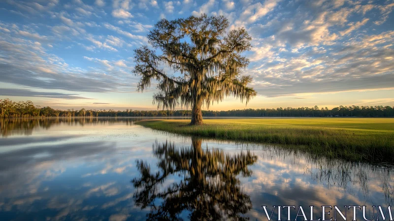 Solitary Tree on Lakeshore with Sunset Reflections AI Image