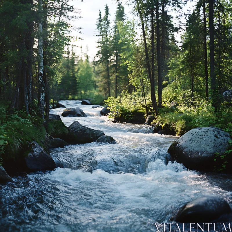 Tranquil Forest Stream with Rocks and Sunlight AI Image