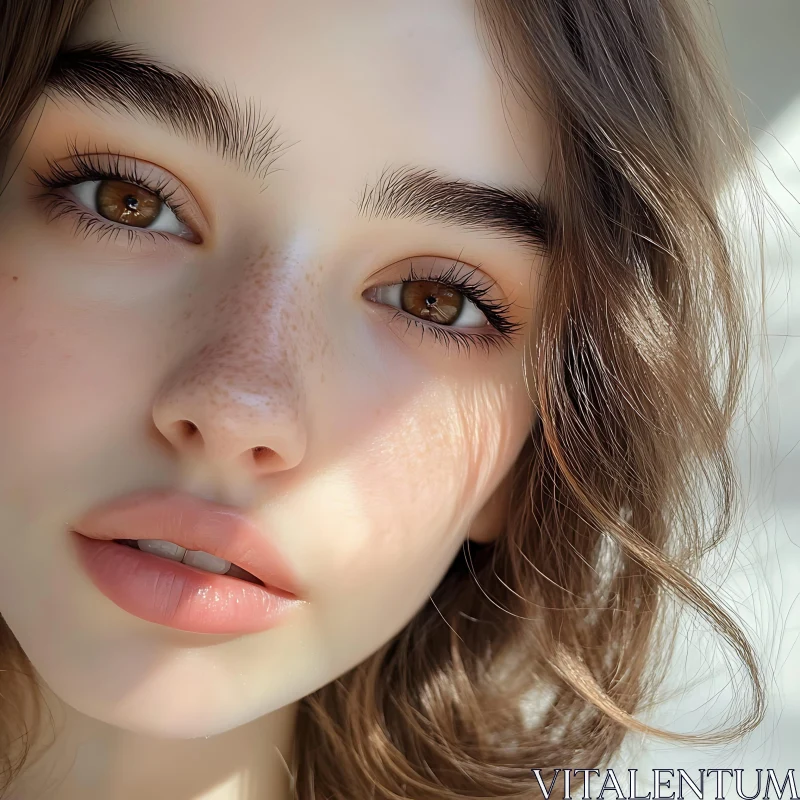 Young Woman with Freckles and Wavy Brown Hair AI Image