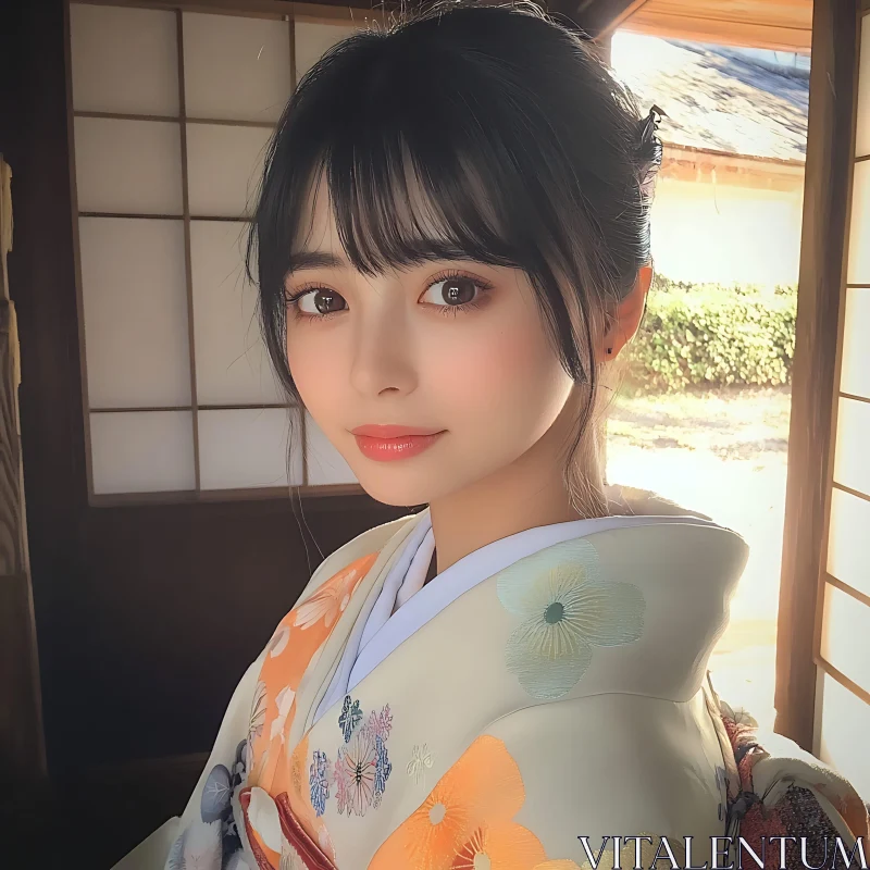 Portrait of a Woman in a Floral Kimono AI Image