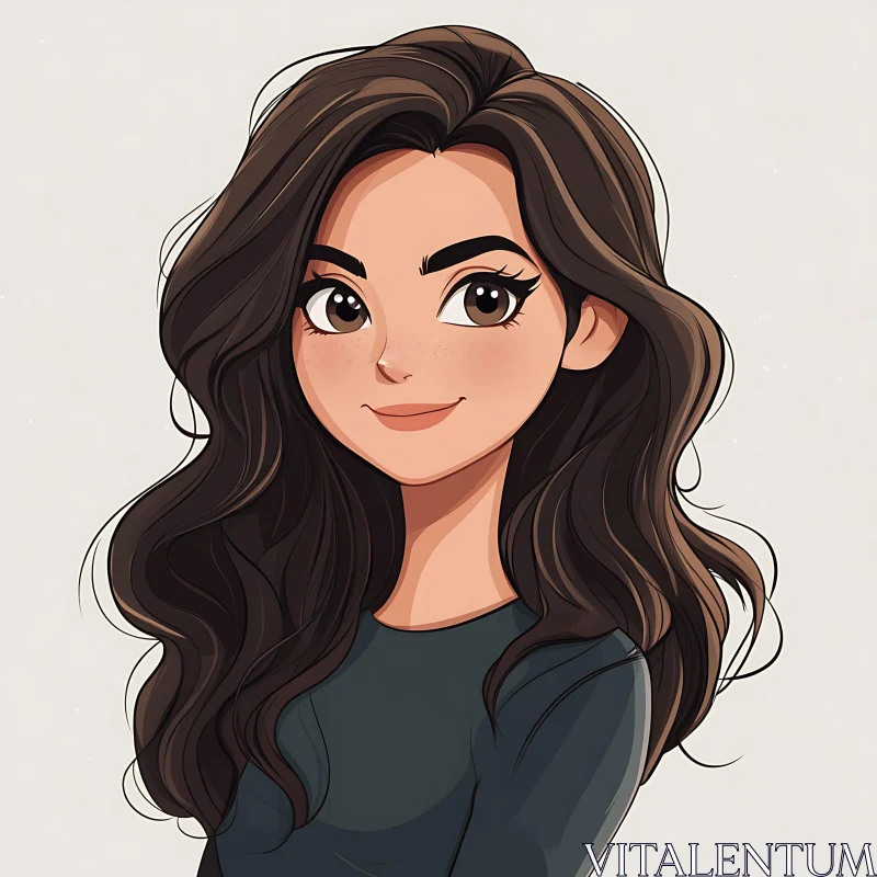 AI ART Cartoon Woman with Dark Hair and Expressive Eyes