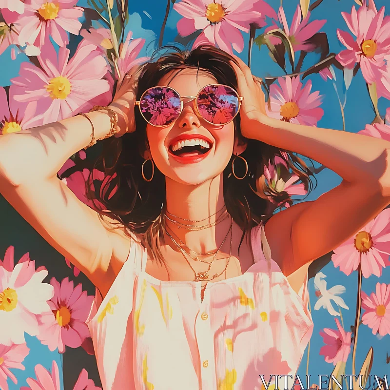 AI ART Cheerful Lady Amidst Blooming Pink Flowers