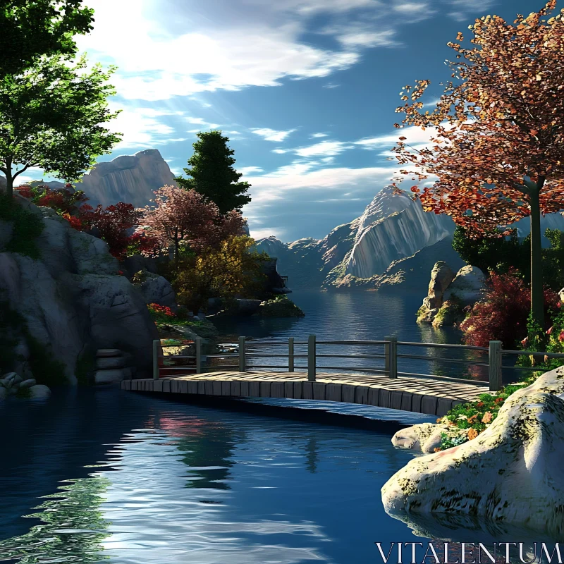 Tranquil Waterscape with Autumnal and Evergreen Foliage AI Image