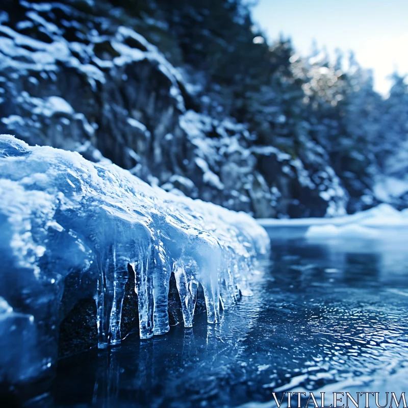 Winter Wonderland with Icicles and Frozen Water AI Image