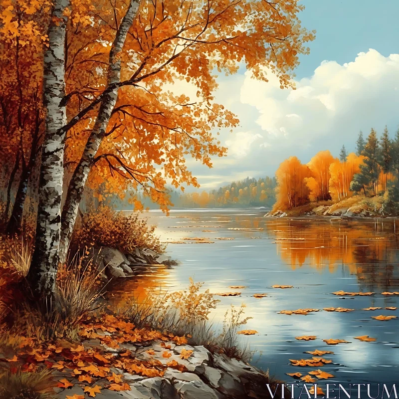 Autumnal River Scene with Birch Trees and Golden Leaves AI Image