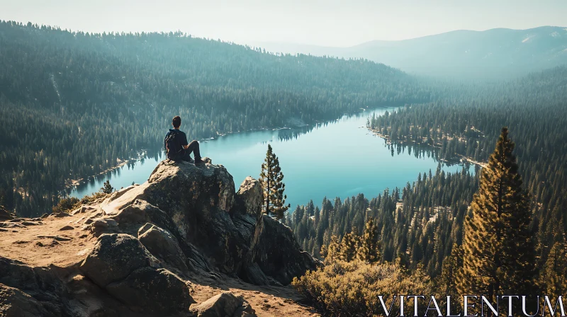 Hiker Overlooking Serene Lake and Forest AI Image