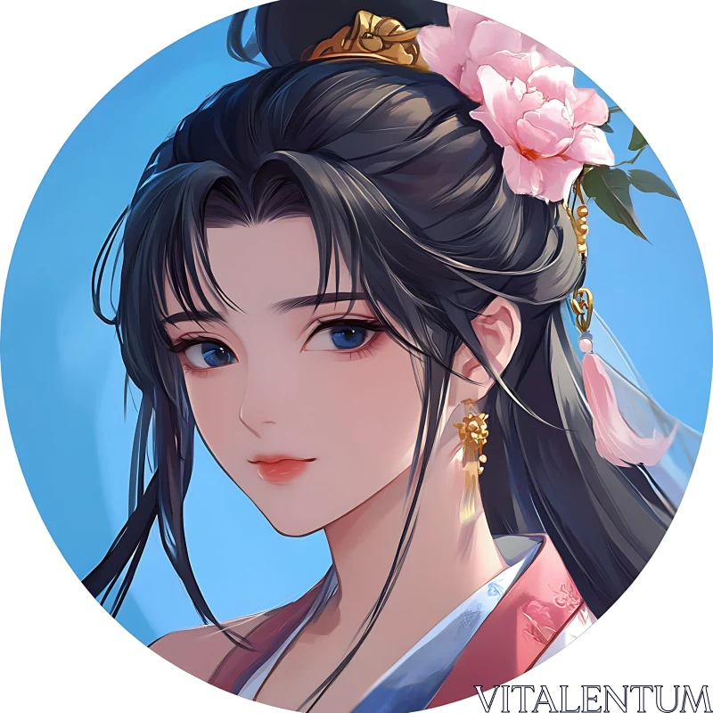 Graceful Anime Woman with Pink Flower and Gold Earrings AI Image