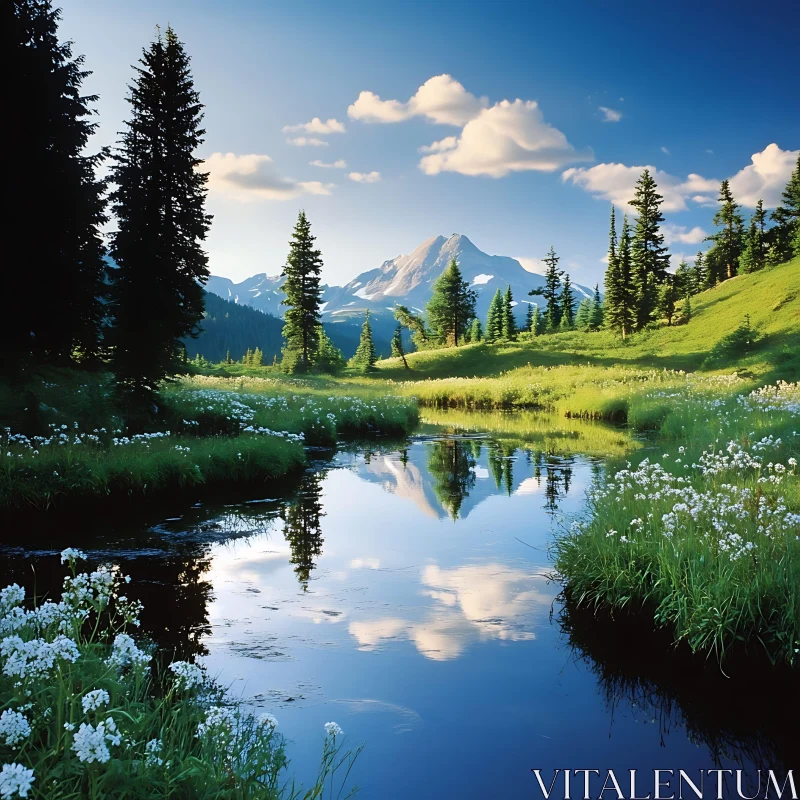 AI ART Peaceful Mountain Scene with River and Pine Trees