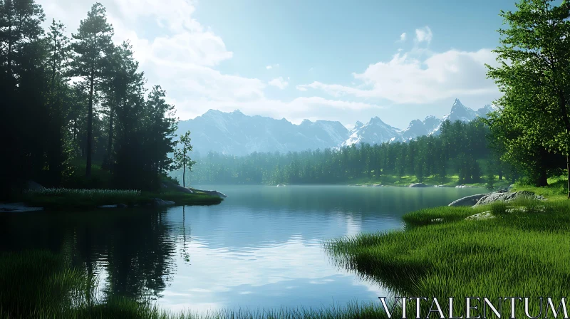 Serene Mountain Lake with Forest View AI Image