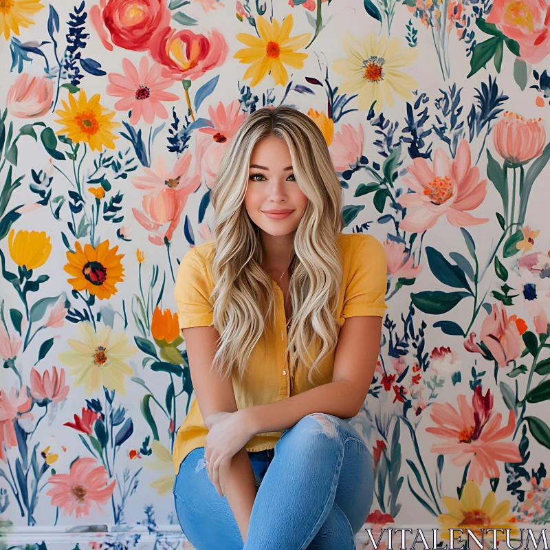 Female Portrait with Vibrant Flower Wall AI Image